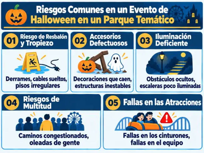 Riesgos en los parques temáticos de Halloween, entre los que se incluyen resbalones, decorados defectuosos, iluminación insuficiente, riesgos relacionados con las aglomeraciones y averías en las atracciones