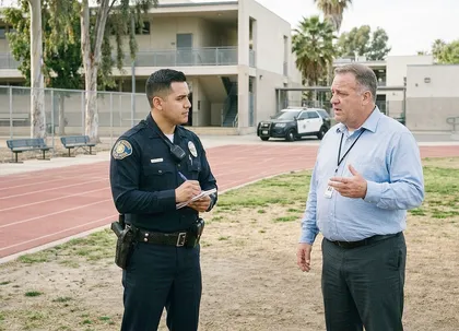 School official speaking with police after a fatal school sports or playground incident in California