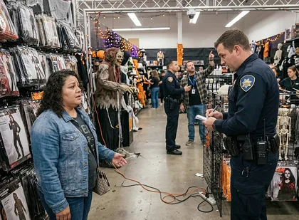 Seasonal Halloween store customer reporting a hazardous electrical cord created by another shopper