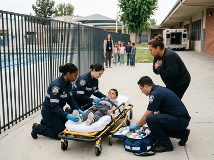 Seriously injured student receiving emergency medical care after a California school accident