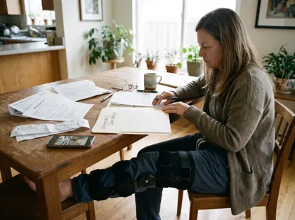 Store injury lawsuit documentation showing a woman with a knee support brace reviewing paperwork