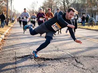 Turkey Trot runner tripping over damaged pavement during a race in California, highlighting potential injury liability