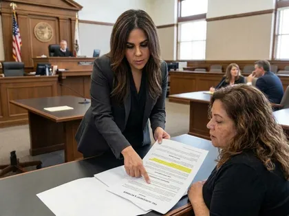 Un abogado analiza con un cliente la documentación de un caso de lesiones personales en el interior de una sala del tribunal de Fresno