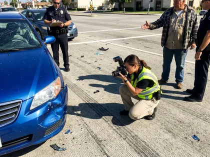Un agente de policía que documenta un accidente de tráfico mientras un fotógrafo forense examina los daños