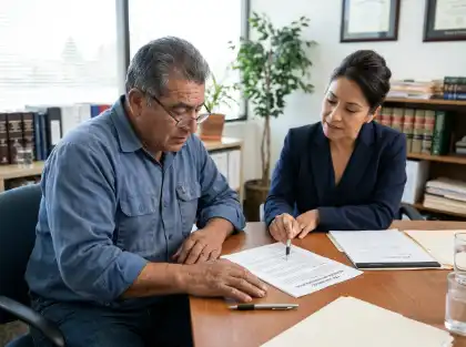 Un cliente revisa un acuerdo de honorarios con un abogado