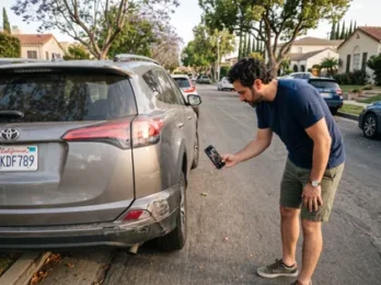 Un conductor documenta con el móvil los arañazos y abolladuras de un todoterreno dañado para realizar una reclamación al seguro del coche