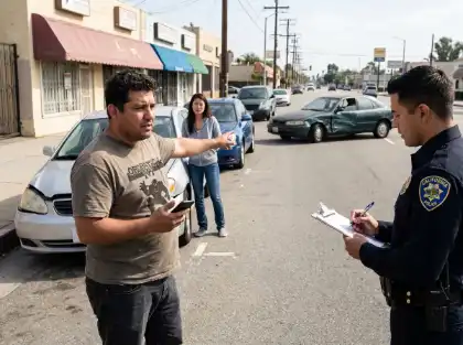 Un conductor informa a un agente de policía sobre un vehículo dañado en el lugar de un accidente.