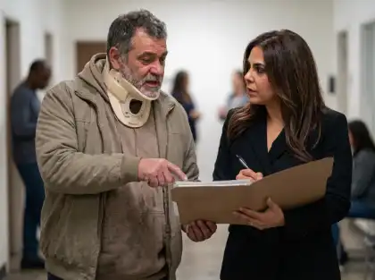 Un hombre lesionado que lleva un collarín señala unos documentos que sostiene una abogada mientras toma notas.