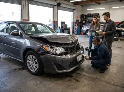 Un mecánico inspecciona los daños de un vehículo en un taller de reparación de automóviles, mientras un perito de seguros toma notas