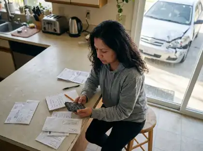 Una mujer que revisa unos documentos y sostiene un smartphone en la encimera de la cocina, con un carro dañado a la vista en el exterior.
