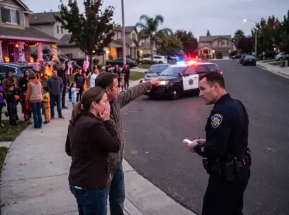 Unos padres hablando con un agente de policía tras un atropello con fuga ocurrido en Halloween