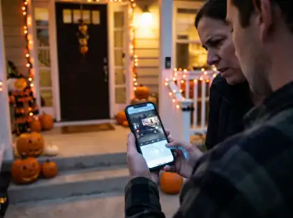 Unos padres revisan en el móvil las imágenes de la cámara del timbre, fuera de su casa decorada para Halloween, tras un atropello con fuga