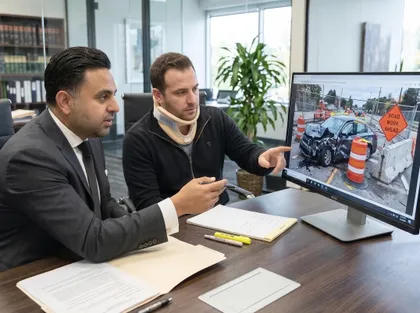 Víctima de un accidente en una zona de obras que analiza sus opciones legales con un abogado especializado en accidentes de carro
