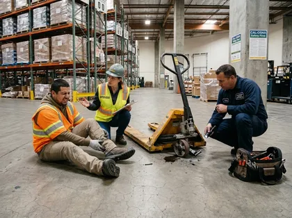 Warehouse workplace injury showing a worker clutching his painful leg while a supervisor reviews accident details