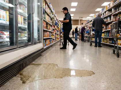Wet grocery store floor creating a slip-and-fall hazard