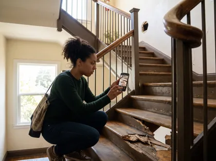 Woman documenting damaged stairs for a premises liability claim