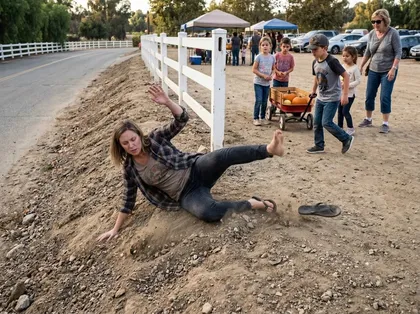 Woman falling on uneven ground at a California pumpkin patch, highlighting potential premises liability and injury claims