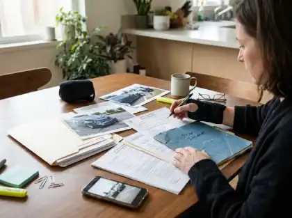 Woman reviewing car accident records while wearing a wrist brace