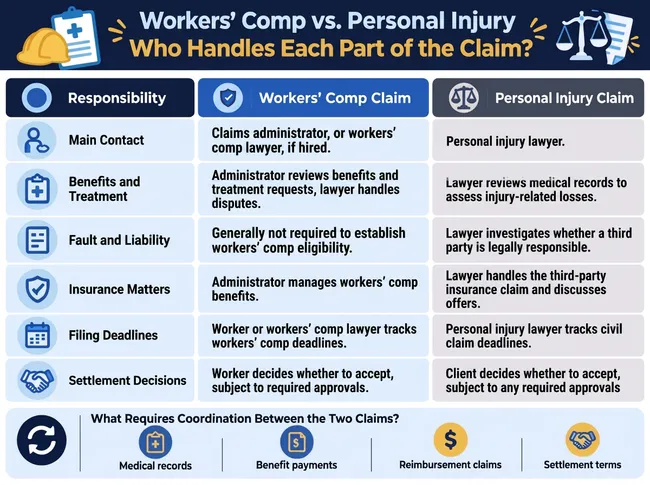 Workers' compensation and personal injury claim comparison chart explaining who handles medical benefits, liability investigations, and legal deadlines