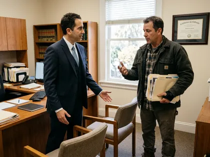 Workers' compensation lawyer consulting with an injured worker wearing a wrist brace and holding case documents